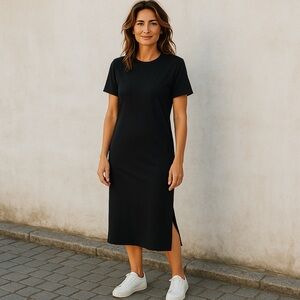 FRAME Short Sleeve Padded Shoulder Midi Dress Black